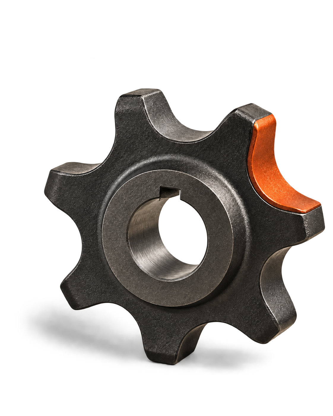 A custom Sprocket drive wheel with one orange connection point